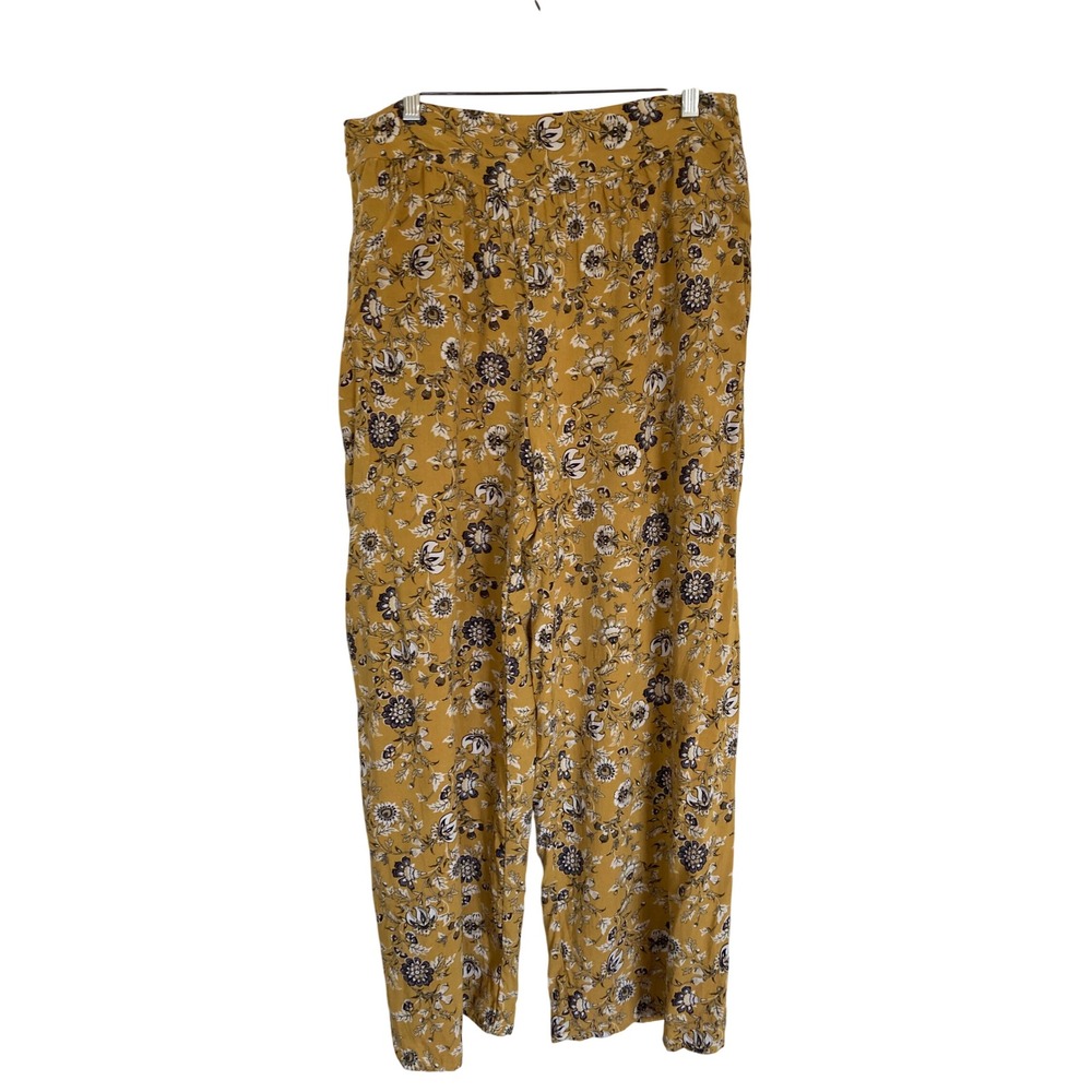 Live to Spoiled Mustard Yellow Floral Wide Leg Rayon Pants XL Boho Smocked Back